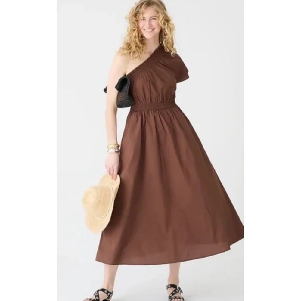 J.Crew Brown One Shoulder Poplin MIDI Dress